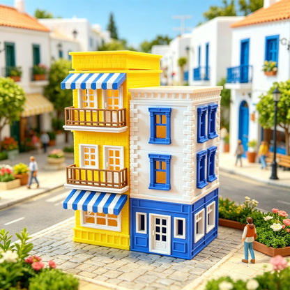 RHF360 Mediterranean Style Twin Street Cottage Model Mediterranean Style Twin Townhouse Street Scene Miniature with Color Block Design for Diorama