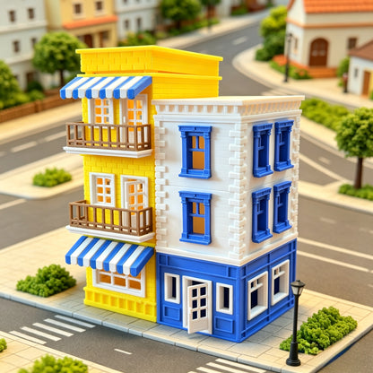 RHF360 Mediterranean Style Twin Street Cottage Model Mediterranean Style Twin Townhouse Street Scene Miniature with Color Block Design for Diorama