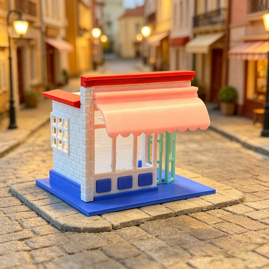 RHF361 Macaron Color Corner Shop Miniature Building Model Macaron Color Street Corner Shop Miniature Building with Color Block Awning for Diorama