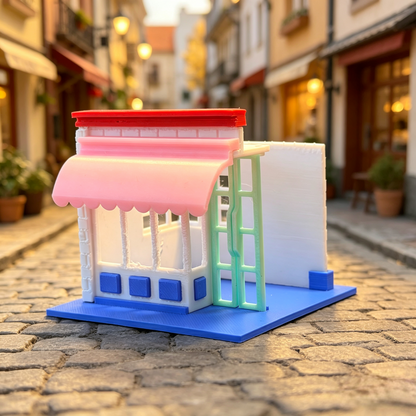 RHF361 Macaron Color Corner Shop Miniature Building Model Macaron Color Street Corner Shop Miniature Building with Color Block Awning for Diorama