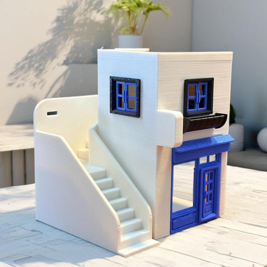 RHF363 Santorini Style White & Blue Cottage Miniature Building Model Santorini-Style White & Blue Cottage Miniature Building with External Stairs for Diorama