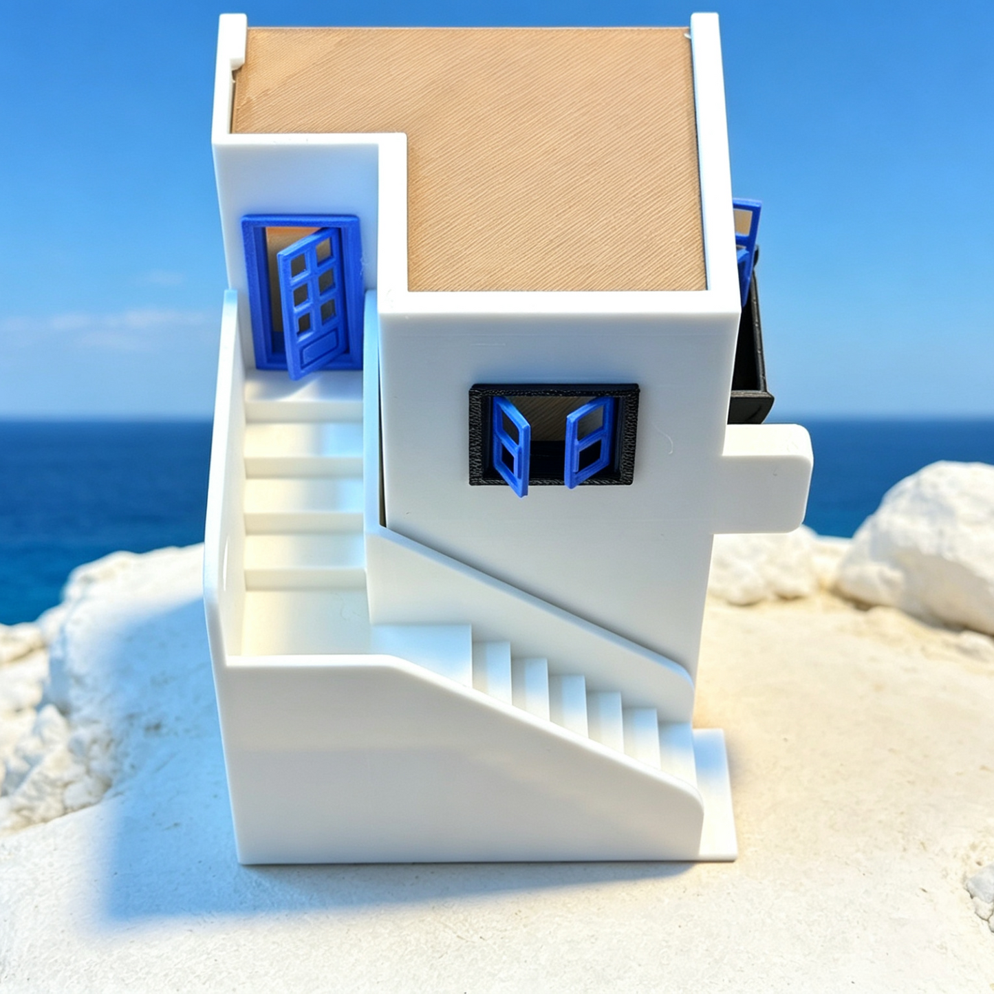 RHF363 Santorini Style White & Blue Cottage Miniature Building Model Santorini-Style White & Blue Cottage Miniature Building with External Stairs for Diorama