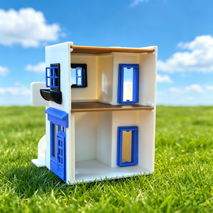 RHF363 Santorini Style White & Blue Cottage Miniature Building Model Santorini-Style White & Blue Cottage Miniature Building with External Stairs for Diorama