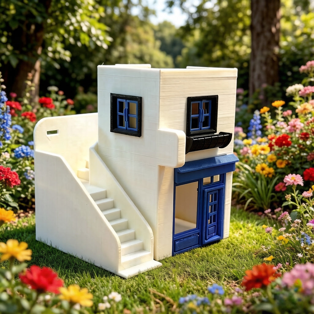 RHF363 Santorini Style White & Blue Cottage Miniature Building Model Santorini-Style White & Blue Cottage Miniature Building with External Stairs for Diorama