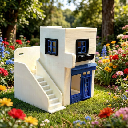 RHF363 Santorini Style White & Blue Cottage Miniature Building Model Santorini-Style White & Blue Cottage Miniature Building with External Stairs for Diorama