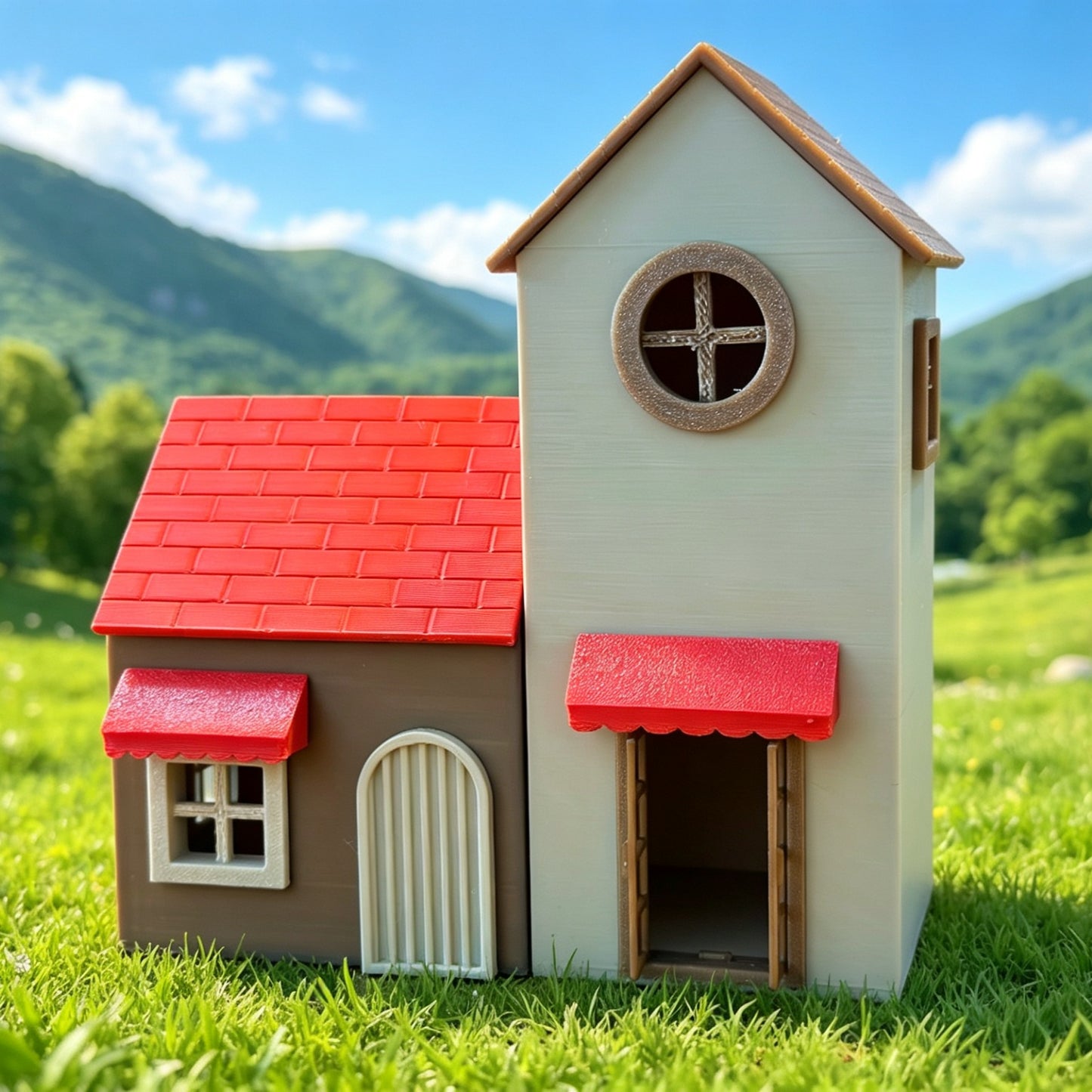 RHF364 Fairy Tale Style Red-Roof Twin Cottage Miniature Building Model Fairy Tale Style Red Roof Twin Cottage Miniature Building with Round Window for Diorama