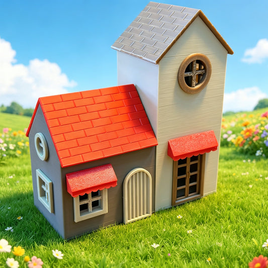 RHF364 Fairy Tale Style Red-Roof Twin Cottage Miniature Building Model Fairy Tale Style Red Roof Twin Cottage Miniature Building with Round Window for Diorama