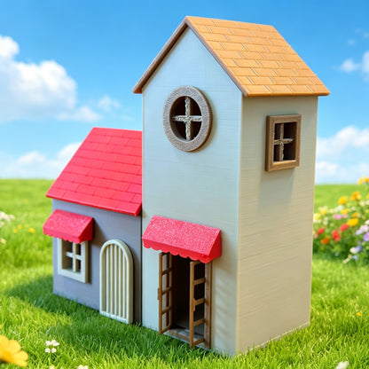 RHF364 Fairy Tale Style Red-Roof Twin Cottage Miniature Building Model Fairy Tale Style Red Roof Twin Cottage Miniature Building with Round Window for Diorama