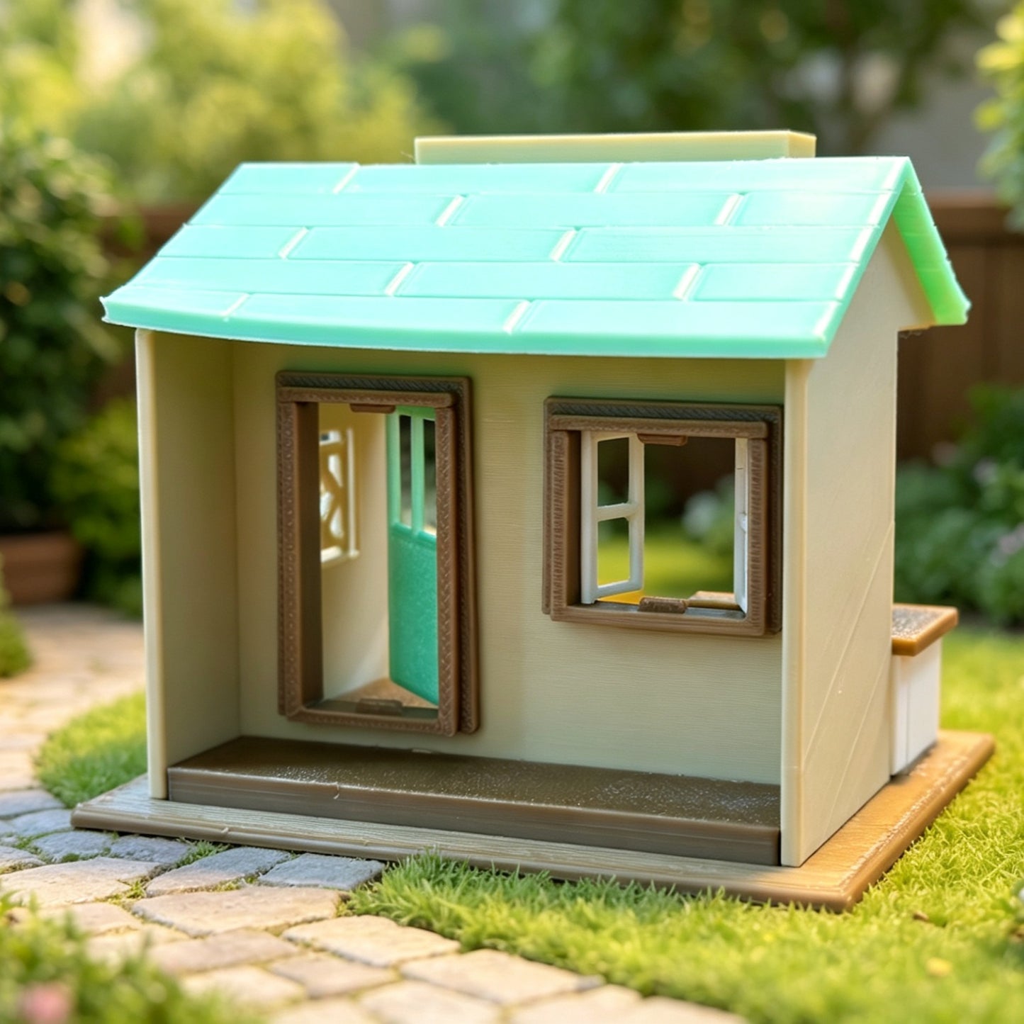 RHF365 Forest Style Mint Green Small Shop Miniature Building Model Forest-Style Mint Green Shop Miniature Building with Open Counter for Diorama