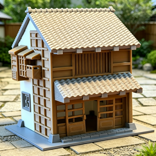 RHF366 Japanese Machiya Double-Story Shop Miniature Building Model Japanese Machiya Two-Story Shop Miniature Building with Double Eaves & Wooden Lattice Windows for Diorama
