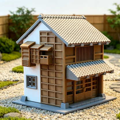 RHF366 Japanese Machiya Double-Story Shop Miniature Building Model Japanese Machiya Two-Story Shop Miniature Building with Double Eaves & Wooden Lattice Windows for Diorama