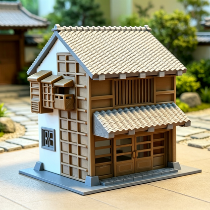 RHF366 Japanese Machiya Double-Story Shop Miniature Building Model Japanese Machiya Two-Story Shop Miniature Building with Double Eaves & Wooden Lattice Windows for Diorama