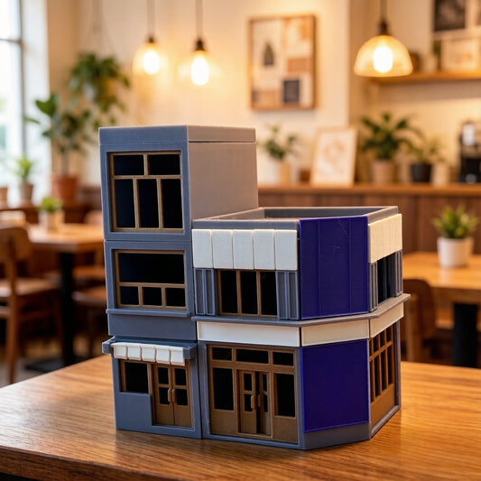 RHF367 Modern Urban Twin Corner Shop Miniature Building Model Modern Urban Corner Twin Shop Miniature Building with Blue & Gray Color Block for Diorama
