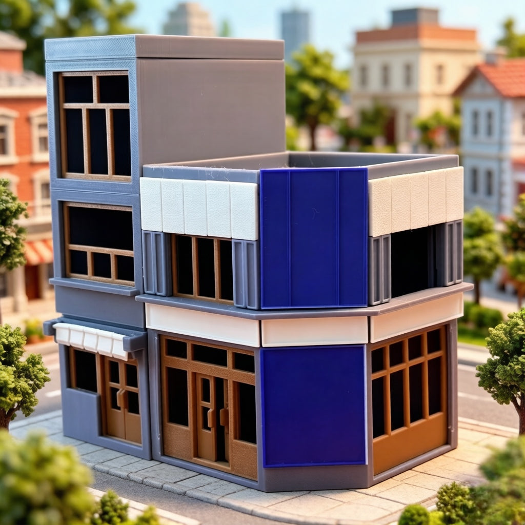 RHF367 Modern Urban Twin Corner Shop Miniature Building Model Modern Urban Corner Twin Shop Miniature Building with Blue & Gray Color Block for Diorama