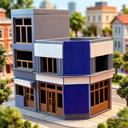 RHF367 Modern Urban Twin Corner Shop Miniature Building Model Modern Urban Corner Twin Shop Miniature Building with Blue & Gray Color Block for Diorama