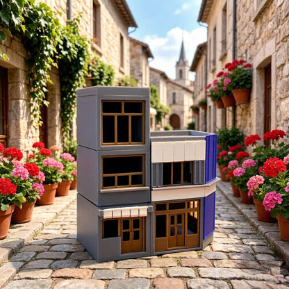 RHF367 Modern Urban Twin Corner Shop Miniature Building Model Modern Urban Corner Twin Shop Miniature Building with Blue & Gray Color Block for Diorama