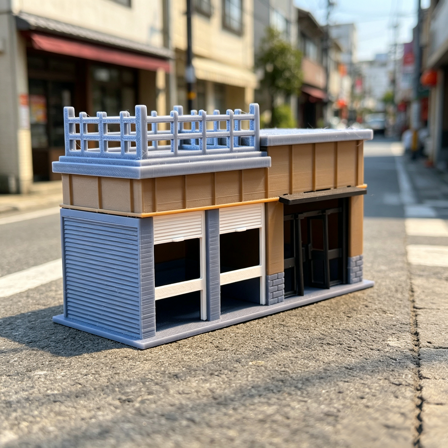 RHF369 Japanese Street Corner Shop Miniature Building Model Japanese Street Corner Shop Miniature Building with Terrace & Roller Shutters for Diorama