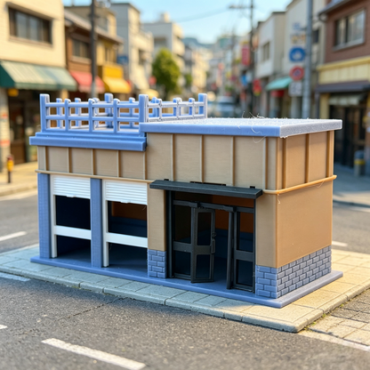 RHF369 Japanese Street Corner Shop Miniature Building Model Japanese Street Corner Shop Miniature Building with Terrace & Roller Shutters for Diorama