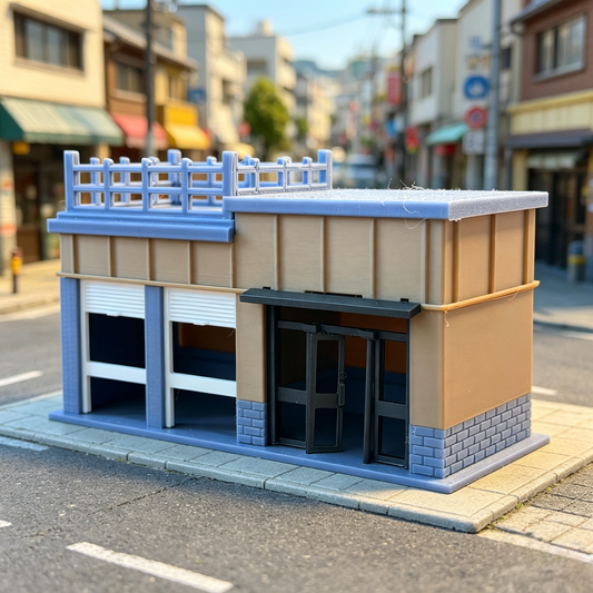 RHF369 Japanese Street Corner Shop Miniature Building Model Japanese Street Corner Shop Miniature Building with Terrace & Roller Shutters for Diorama