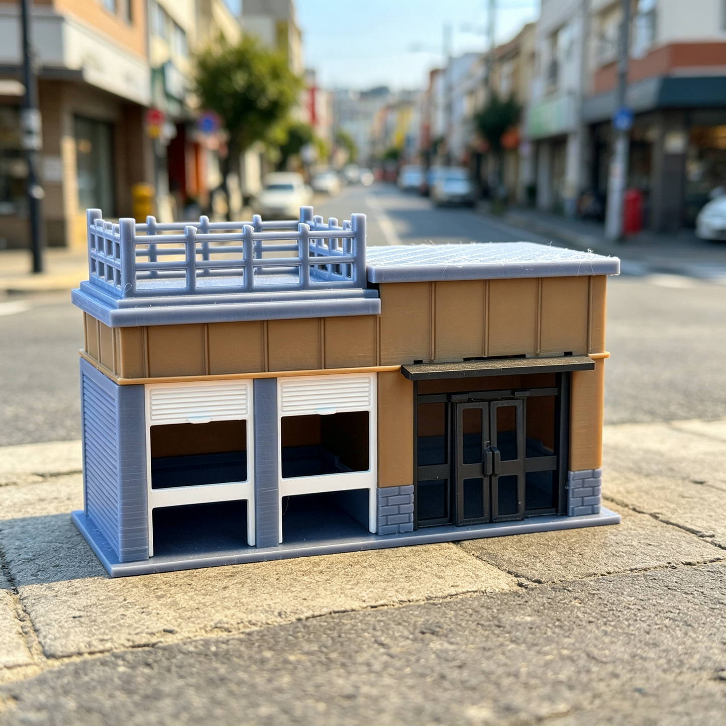 RHF369 Japanese Street Corner Shop Miniature Building Model Japanese Street Corner Shop Miniature Building with Terrace & Roller Shutters for Diorama