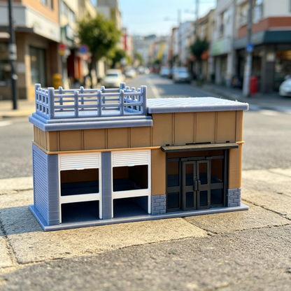 RHF369 Japanese Street Corner Shop Miniature Building Model Japanese Street Corner Shop Miniature Building with Terrace & Roller Shutters for Diorama