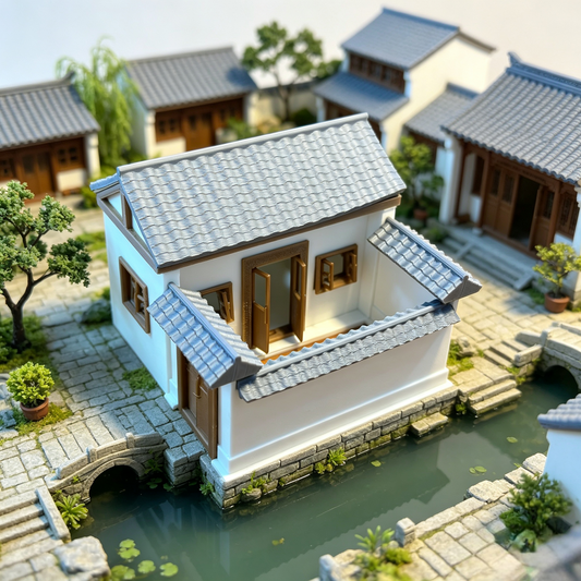 RHF370 Jiangnan Water Town Waterside Residence Miniature Building Model Jiangnan Water Town Waterside Residence Miniature Building with Suzhou Style Tiles & White Walls for Diorama
