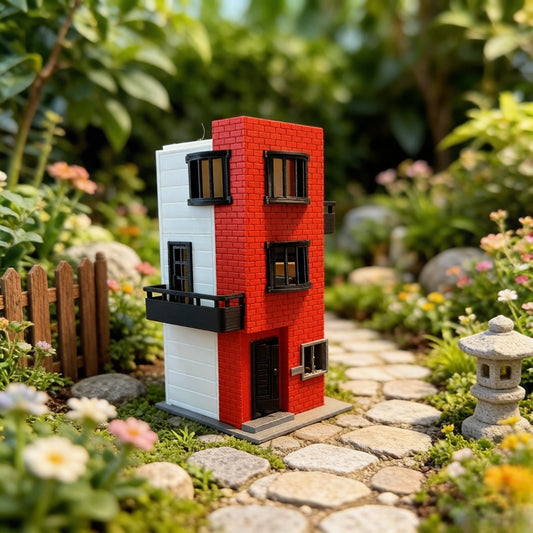RHF64371 1/64 Red Brick Wall Color-Blocking Three-Story Cottage Miniature Building Model Red Brick Color Block Three-Story Cottage Miniature Building with Balcony for Diorama