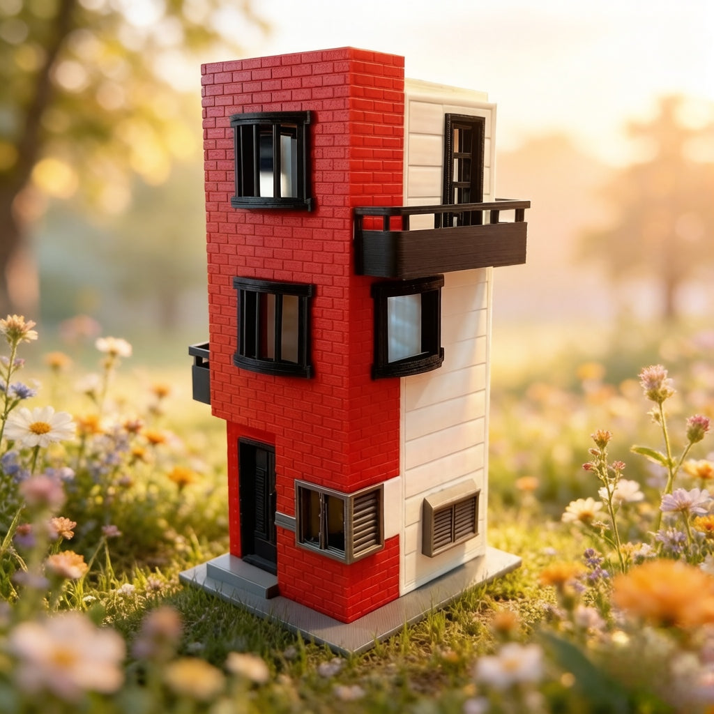 RHF64371 1/64 Red Brick Wall Color-Blocking Three-Story Cottage Miniature Building Model Red Brick Color Block Three-Story Cottage Miniature Building with Balcony for Diorama