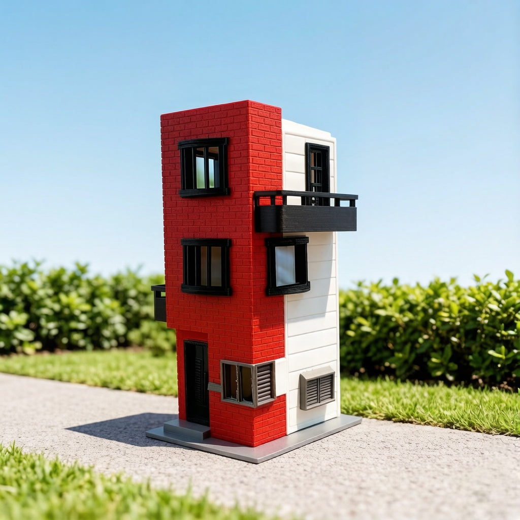 RHF64371 1/64 Red Brick Wall Color-Blocking Three-Story Cottage Miniature Building Model Red Brick Color Block Three-Story Cottage Miniature Building with Balcony for Diorama