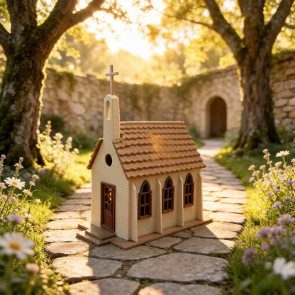 RHF372 European Rural Church Miniature Model European Countryside Church Model with Steeple & Arched Windows for Scene Layout