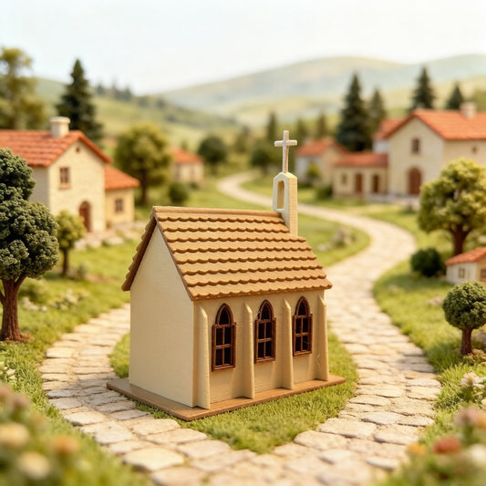 RHF372 European Rural Church Miniature Model European Countryside Church Model with Steeple & Arched Windows for Scene Layout