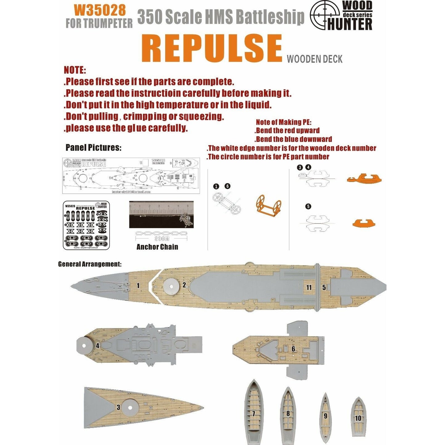 Hunter W35028 1/350 Wood Deck HMS REPULSE FOR TRUMPETER 05312