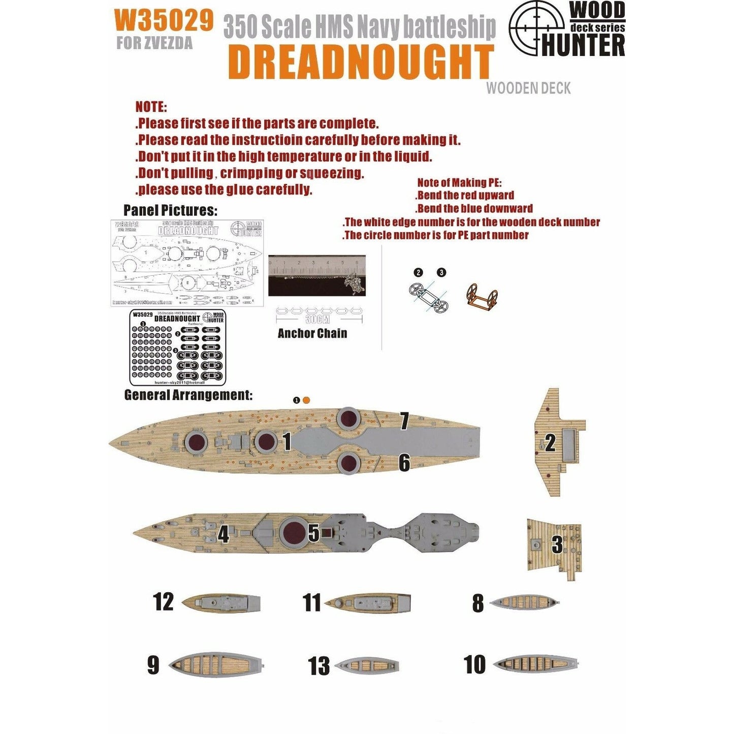 Hunter W35029 1/350 Wood Deck HMS BATTLESHIP DREADNOUGHT FOR ZVEZDA 9039