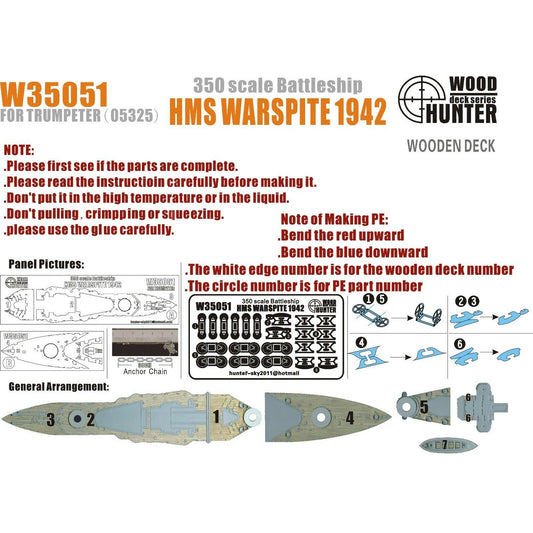 Hunter W35051 1/350 Wood Deck BATTLESHIP HMS WARSPITE 1942 FOR TRUMPETER 05325