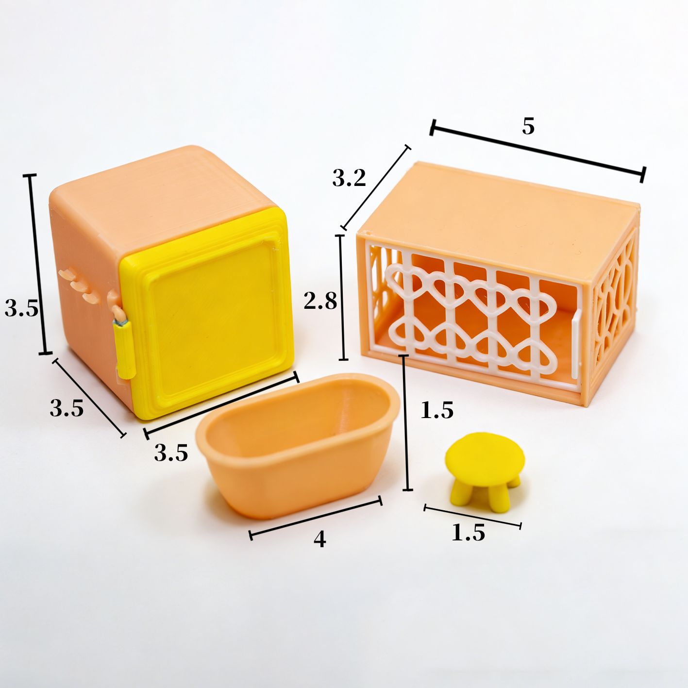 RHF336 4-Piece Pet Habitat Decor Set: Pet Toilet, Heart-Shaped Hideout, Mini Bathtub & Small Stool Vibrant Orange & Yellow Contrast Color Pet Scene 4-Piece Set