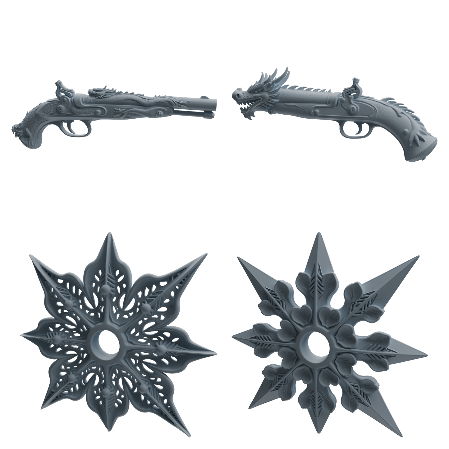 MRY-SFW LYGS455 Dragon Pattern Musket & Hollow Floral Shuriken Modern Model 4 pcs