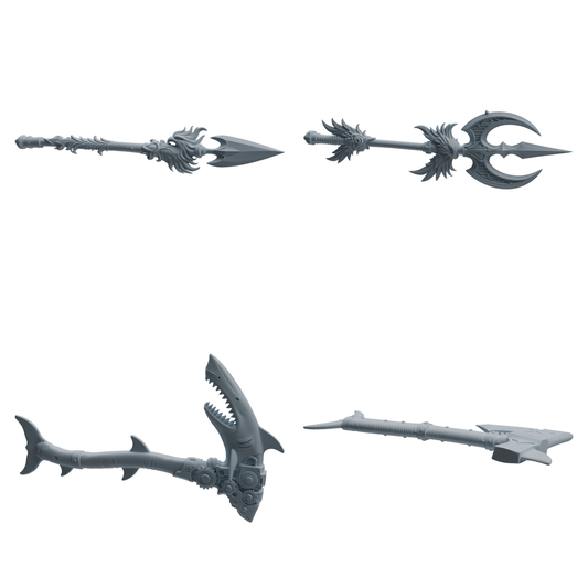 MRY-SFW LYGS437 Feather Pattern Spear and Shark Tooth Battle Axe Weapon Modern Model 4 pcs