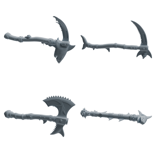 MRY-SFW LYGS434 Shark Tooth Battle Axe and Fish Shaped Scythe Blade Weapon Modern Model 4 pcs
