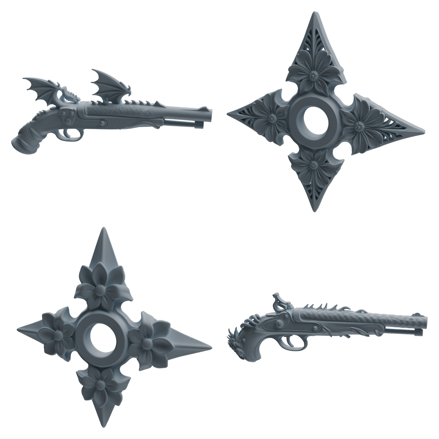 MRY-SFW LYGS452 Dragon Pattern Musket & Floral Shuriken Modern Model 4 pcs