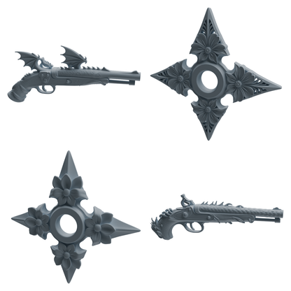 MRY-SFW LYGS452 Dragon Pattern Musket & Floral Shuriken Modern Model 4 pcs
