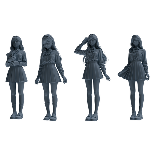 MRY-SFW LYTR849 Long Hair JK Uniform School Girl Figure Modern Model 4 pcs Miniature Car Diorama Figures Scene Props Accessories Resin