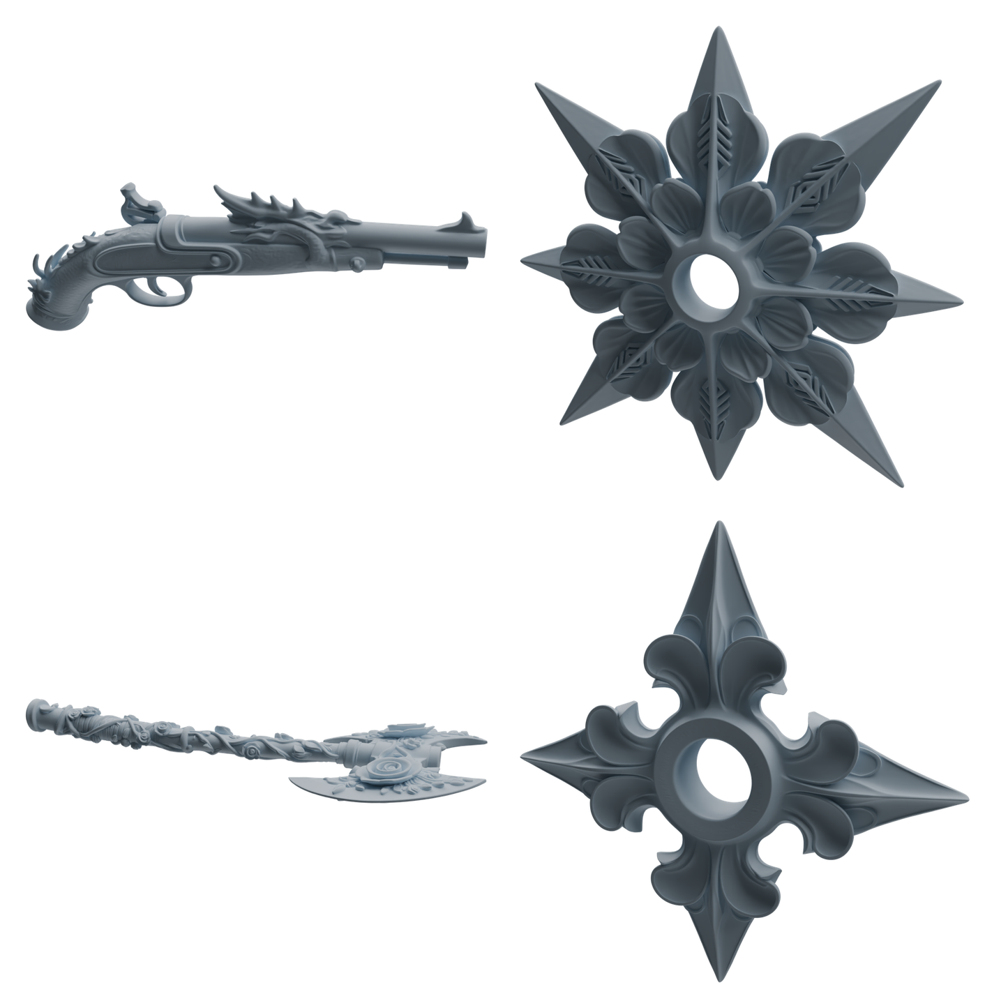 MRY-SFW LYGS453 Dragon Musket, Engraved Axe & Floral Shuriken Modern Model 4 pcs