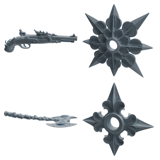 MRY-SFW LYGS453 Dragon Musket, Engraved Axe & Floral Shuriken Modern Model 4 pcs