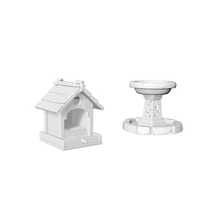 MRY-SFW LYTS607 3D Printed Unpainted White Resin, Farm Bird Feeder & Bird Bath 2-Piece Set, Miniature Garden Diorama Decor