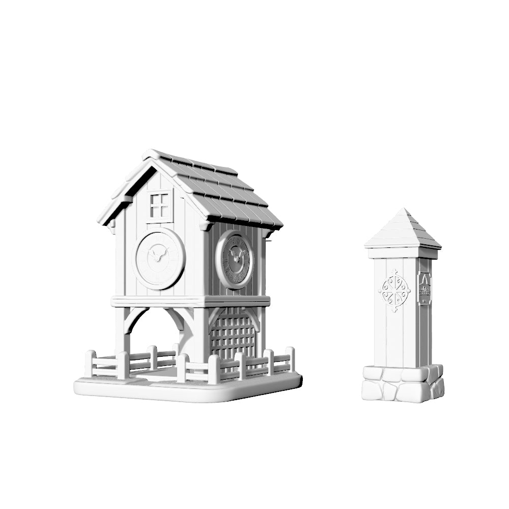 MRY-SFW LYTS608 Unpainted 3D Printed Farmhouse Decor, Clock Tower & Ranch Post Set, Dollhouse Landscape Ornaments