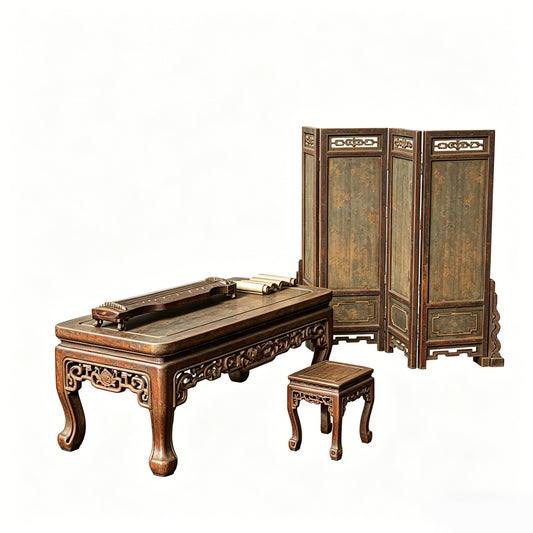 MRY-SFW LYTS523 3D Printed Chinese Antique Furniture Set, Unpainted White Resin, Miniature Diorama Screen Table & Chair Accessories