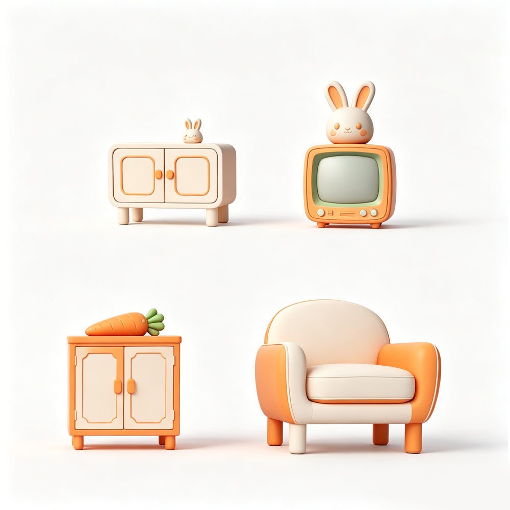 MRY-SFW LYTS643 3D Printed Cute Rabbit & Carrot Themed Furniture Set, Unpainted White Model, Miniature Living Room Scene Ornaments