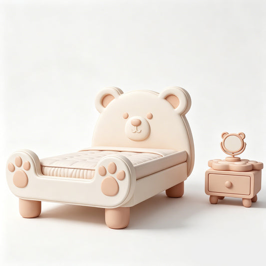MRY-SFW LYTS655 3D Printed Cute Bear Bed Nightstand Set, Unpainted White Model, Miniature Scene Ornaments