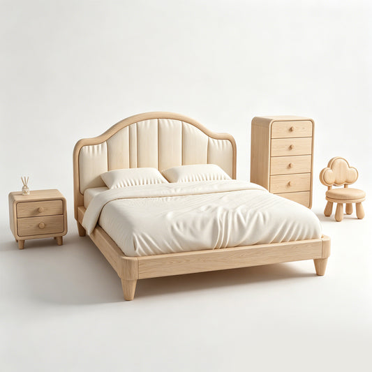 MRY-SFW LYTS554 3D Printed Korean Cream Wood Style Bedroom Furniture Set, Unpainted White Resin, Miniature Dollhouse Diorama Accessories