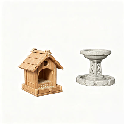 MRY-SFW LYTS607 3D Printed Unpainted White Resin, Farm Bird Feeder & Bird Bath 2-Piece Set, Miniature Garden Diorama Decor